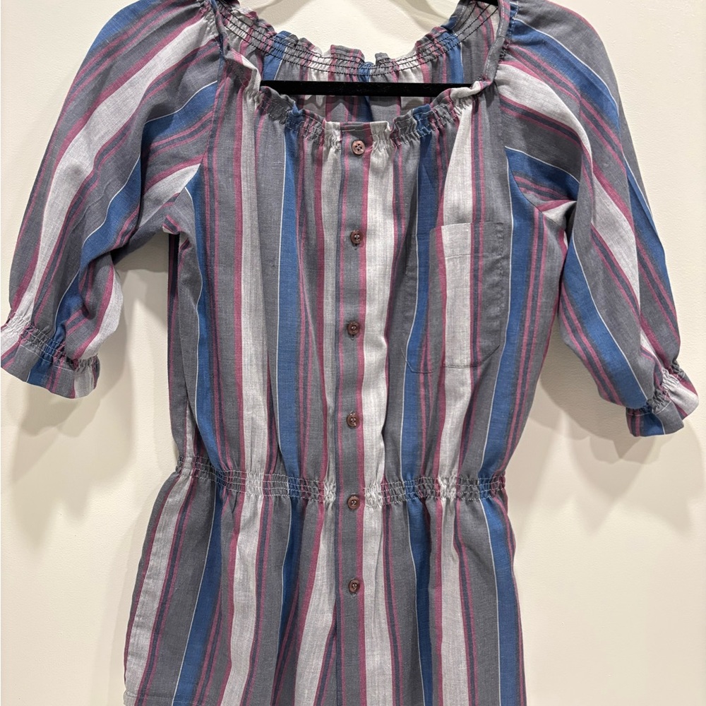 Striped Women's Blouse with Ruffle Neckline - Picture 10 of 13